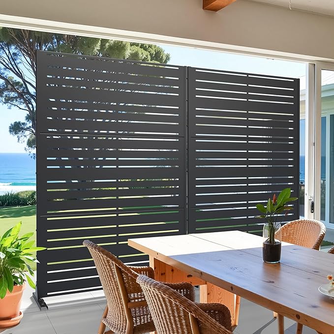 Casaphoria Metal Privacy Screen Outdoor, 72" H x 47" W Freestanding Decorative Privacy Screen for Patio Deck Balcony Garden with Stable Base, Black-Benjamin Casaphoria