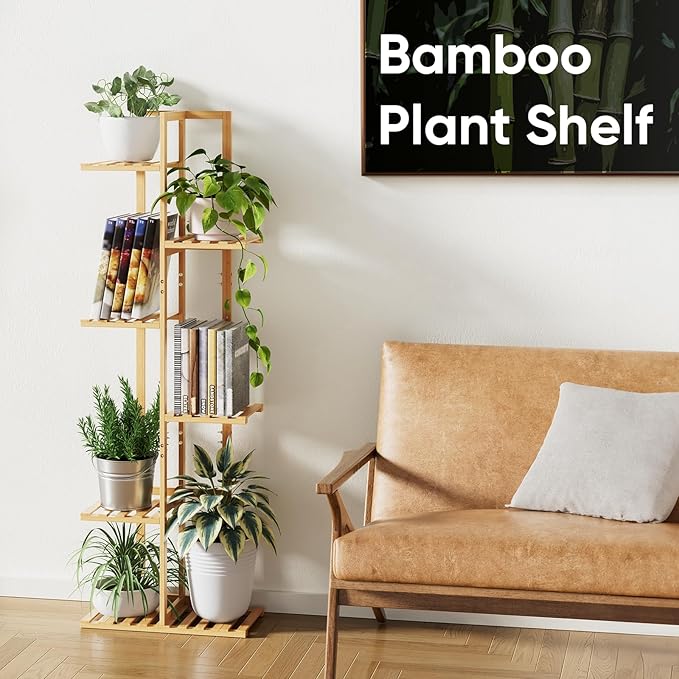 ROSSNY 48 Inch Talll Plant Stand Indoor, 6 Tier 7 Potted Bamboo Plant Stands for Indoor Plants, Corner Plant Stand, Plant Shelf For Indoor, Tiered Plant Stands, Indoor Plant Holder, Natural ROSSNY