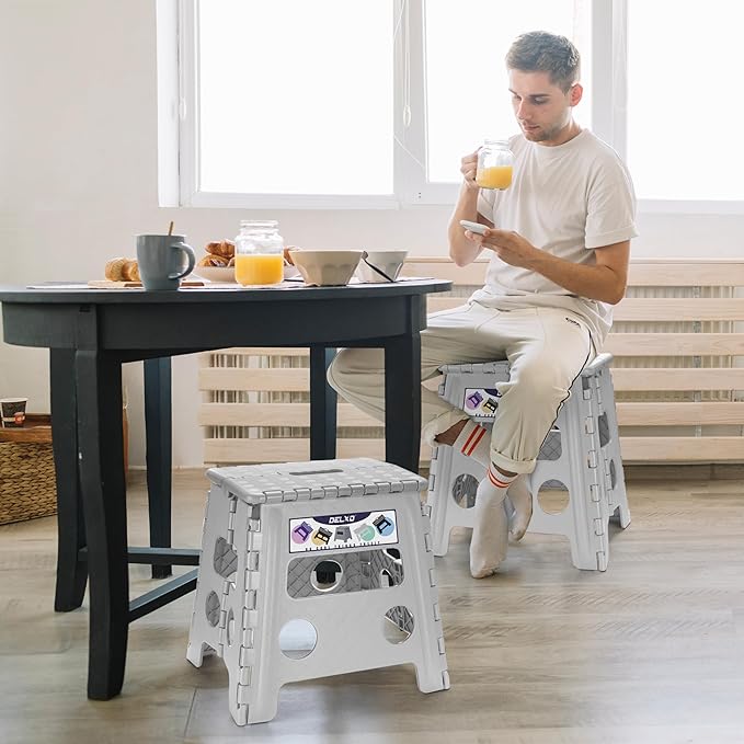 Delxo Folding Step Stool, 13 inch Non-Slip Foldable Stools for Kids & Adults Up to 300 LBS, Step Stool with Handle, Lightweight for Kitchen, Bathroom, Bedroom, Garden, Grey, 1PC Delxo
