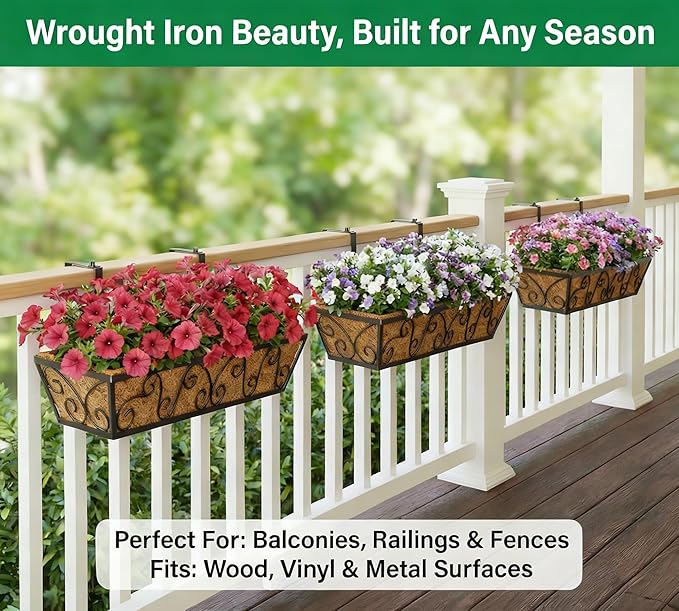 Y&M 30 Inch Butterfly Window Deck with Coco Liner, Fence Metal Hanging Flower Planter Window Basket Deck Railing Planter Boxes for Outdoor Garden Lawn 4pcs YM
