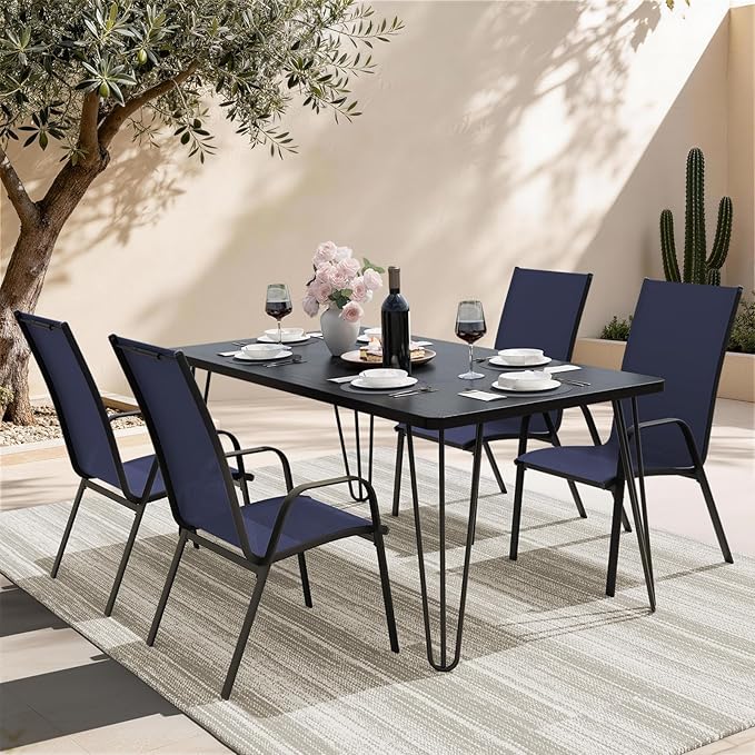JEAREY Patio Dining Chairs Set of 4, Outdoor Stackable Dining Furniture Set, All Weather Dining Set for Lawn, Garden, Backyard, Poolside, Navy Blue JEAREYOutdoorsCollection