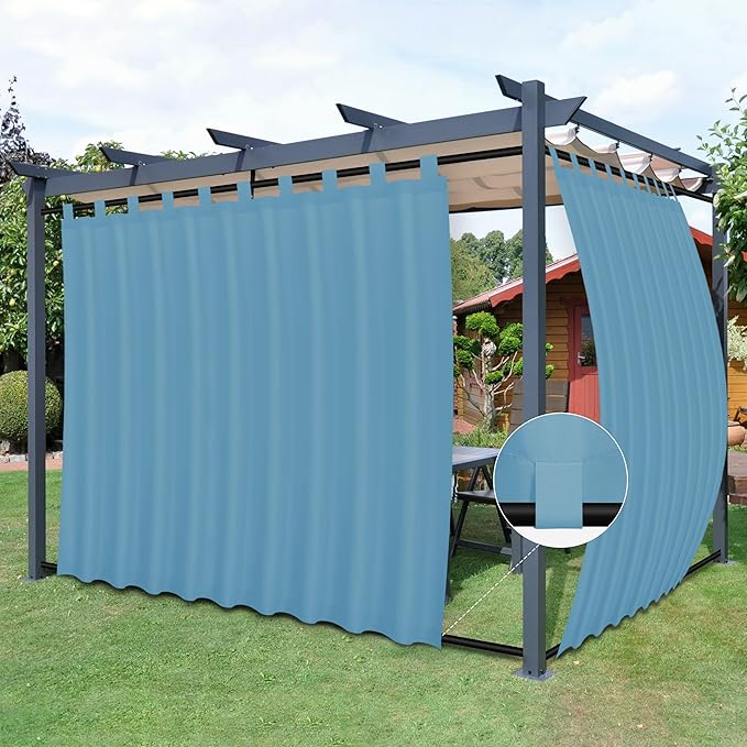 Easy-Going Outdoor Patio Curtains Detachable Tab Top Windproof Weatherproof Curtain for Cabana, Porch, Pergola and Gazebo, Tab Bottom Drape, 2 Panels, 110W x 120L inch, Sky Blue Easy-Going
