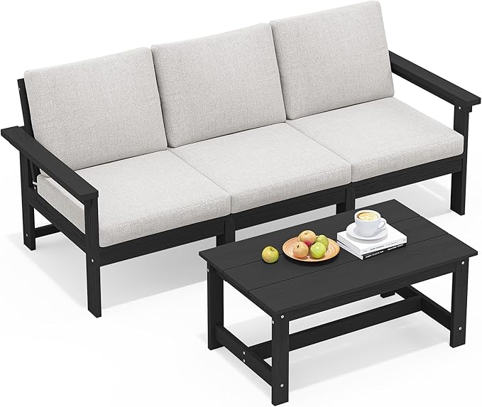 SERWALL HDPE Patio Sofa Set, 4-piece Sectional Outdoor Furniture Set, All Weather Outdoor Couch Set Patio Furniture Set for Deck, Lawn, Black Frame with Khaki Cushion SERWALL