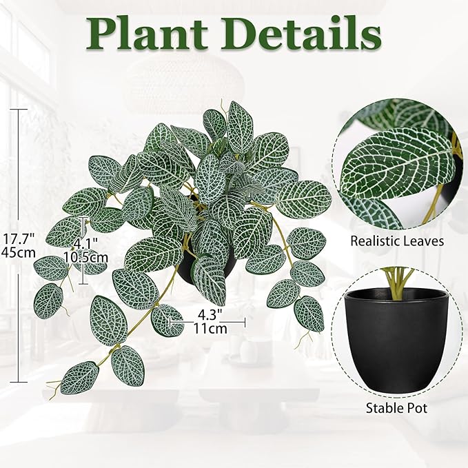 17.7" Artificial Plants Indoor Home Decor, Fake Potted Silk Plants for Shelves, Desks, Living Room, Home & Office Decor, Small Artificial Ivy Vine Nerve Plant in Pot, Faux Greenery Tropical Plant VillaComo