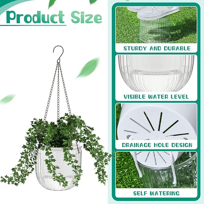 Meanplan 4 Pcs Self Watering Hanging Planter Indoor 6.5 Inch Hanging Baskets for Plants Outdoor Plastic Flower Pot with 3 Hooks Chains Drainage Holes for Garden Home, Medium Size(Clear) Meanplan