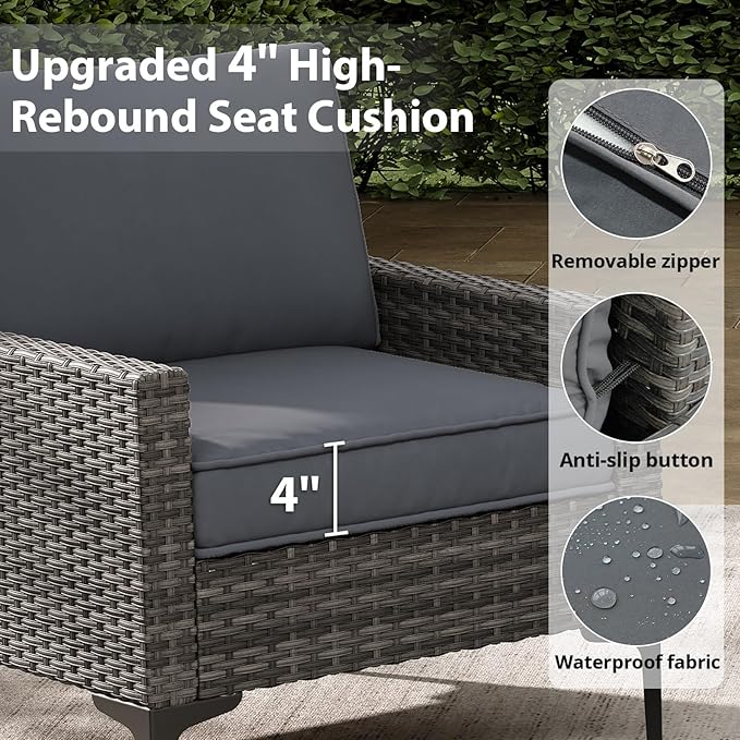 Jing's Villa 4-Piece Outdoor Sectional Sofa Set, All-Weather Wicker Patio Furniture with L/R Armrest & Tempered Glass Table, Comfortable Garden Conversation Set for Backyard, Poolside, Deck,Grey JingsVillaOutdoorFurniture