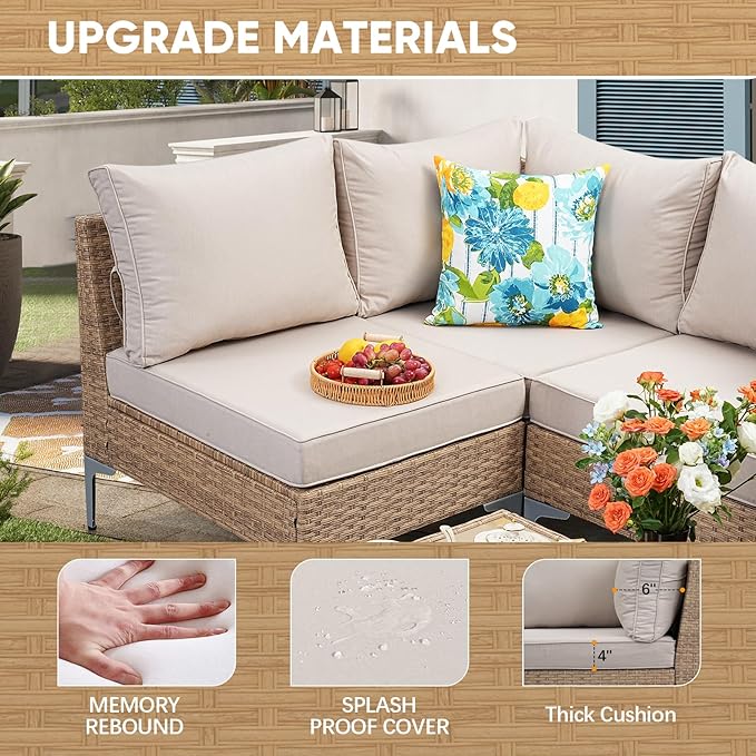 5 Piece Wicker Patio Furniture Set,Outdoor Conversation Sectional Sofa w/Coffee Table,All-Weather Outdoor Sofa with Thick and Anti-Slip Cushions for Deck,Poolside,Garden,Beige JOYURE