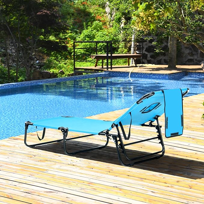 GYMAX Tanning Chair, 350lbs Beach Lounge Chair with Face Hole, Detachable Washable Pillow & Carry Strap, Adjustable Folding Chaise Lounge, Layout Chair for Outside, Patio, Poolside, Lawn (1, Arctic) GYMAX