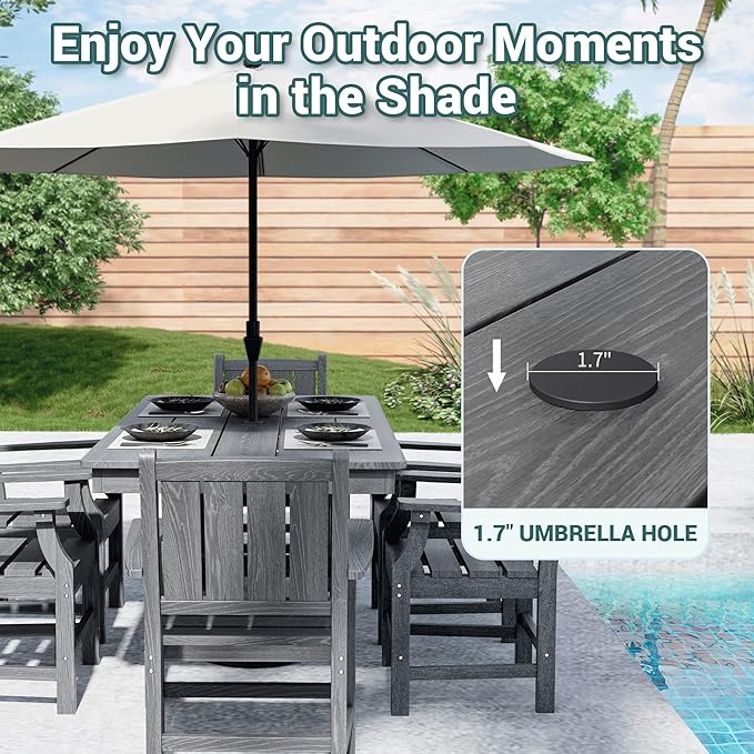 Pamapic 7 PCS Outdoor Dining Set, Spacious HDPE Outdoor Table and Chairs, Wood Grain Patio Furniture Sets with Elegant Armrest, All-Weather Outdoor Furniture with Umbrella Hole, Gray Pamapic