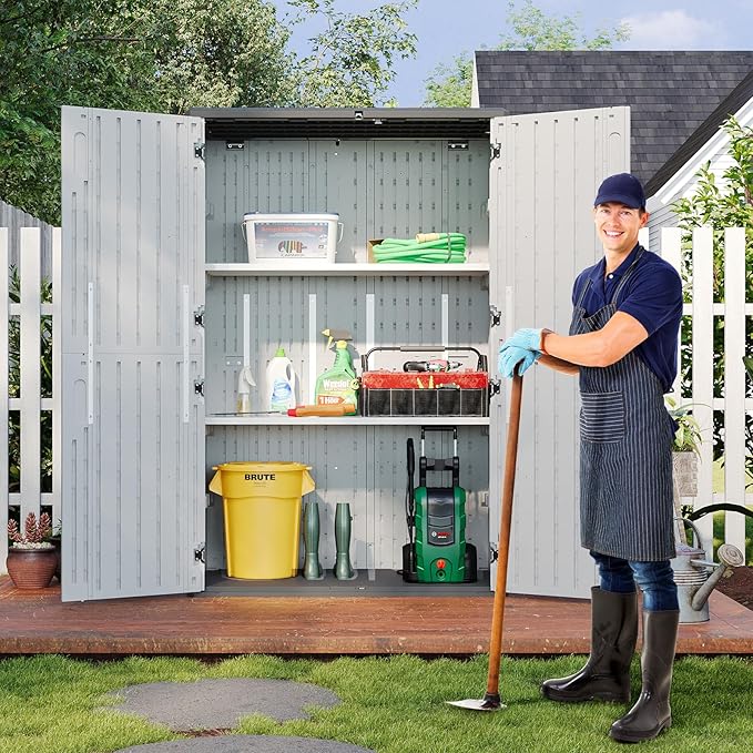 Aoxun White Resin Outdoor Storage Shed with 2 Shelves & Floor, 64 Cu.Ft Vertical Waterproof Cabinet for Garage, Pool, Bike, Garden Tools, Patio Furniture Aoxun