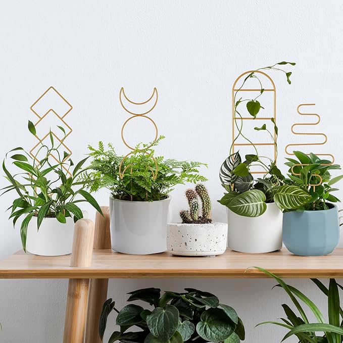 Indoor Plant Trellis for Potted Plants, 16inch Gold Small Trellis for Climbing Plants Outdoor Garden Metal Trellis with Different Patterns for Vine Ivy Flower Plant Support 4 Pack WellSign