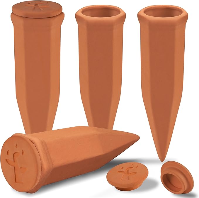Large Terracotta Watering Spikes with Lids, Automatic Plant Waterer Outdoor | Indoor, Vacation Friendly Clay Plant Watering Devices System, Slow Release Self Watering Planter Insert, 4 Pack SoilaguaDirect