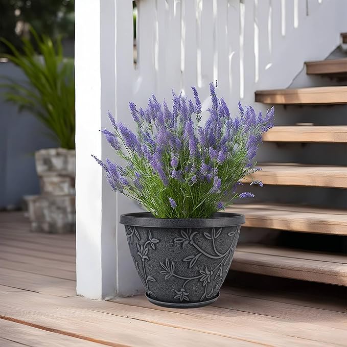 4 Pack 12 Inch Large Flower Pots for Outdoor Indoor, Plastic Plant Pots with Drainage Hole & Saucer, Modern Decorative Garden Pot, Imitation Magnolia Pots for Garden House Planters（Gray） Nooulap