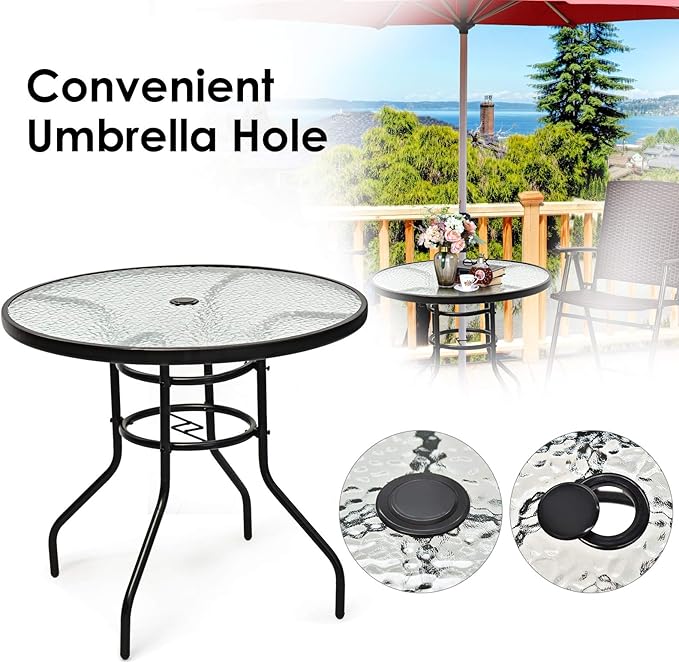 Tangkula 32" Round Outdoor Table with Tempered Glass Top, Patio Dining Table with Umbrella Hole & Metal Frame, Outside Bistro Table for Backyard, Lawn, Deck & Poolside TANGKULA