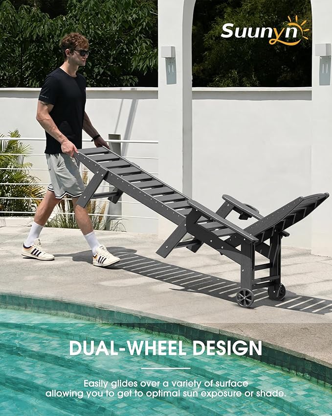 Lounge Chair Outdoor Set of 4 with Wheels, Adjustable 5-Position Chaise Lounge Outdoor, Patio Lounge Chair for Poolside Backyard, Grey Suunyn