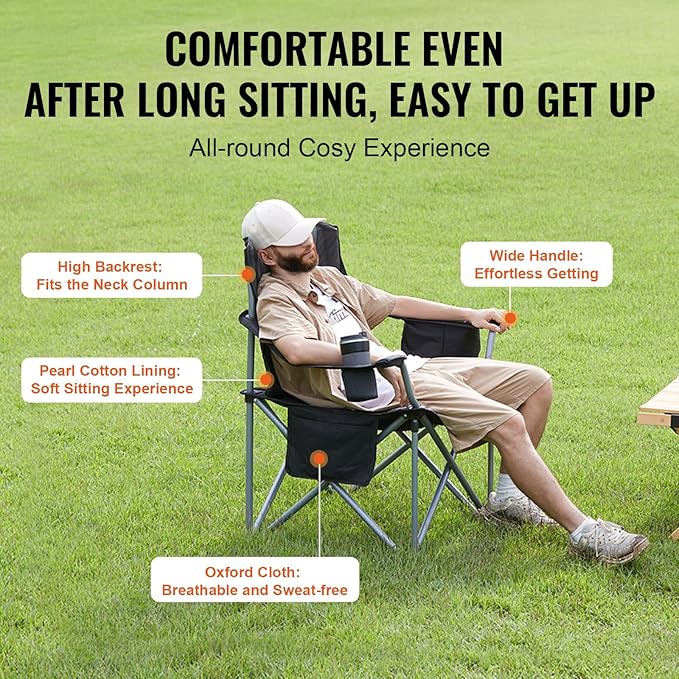 VEVOR Oversized Camping Folding Chair, Portable Heavy Duty Outdoor Quad Lumbar Back Padded with Side Pockets, Cup Holder and Cooler Bag for Beach, Lawn, Picnic, Fishing, Backpacking, Black VEVOR