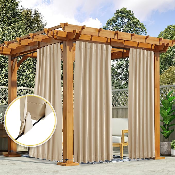 NICETOWN 2 Panels Outdoor Curtains for Patio Waterproof, Top & Bottom Fixed Waterproof Outdoor Drapes with Free Rope, Privacy Sun Blocking Shades for Gazebo, Pergolas, Biscotti Beige, W52 x L84 NICETOWN