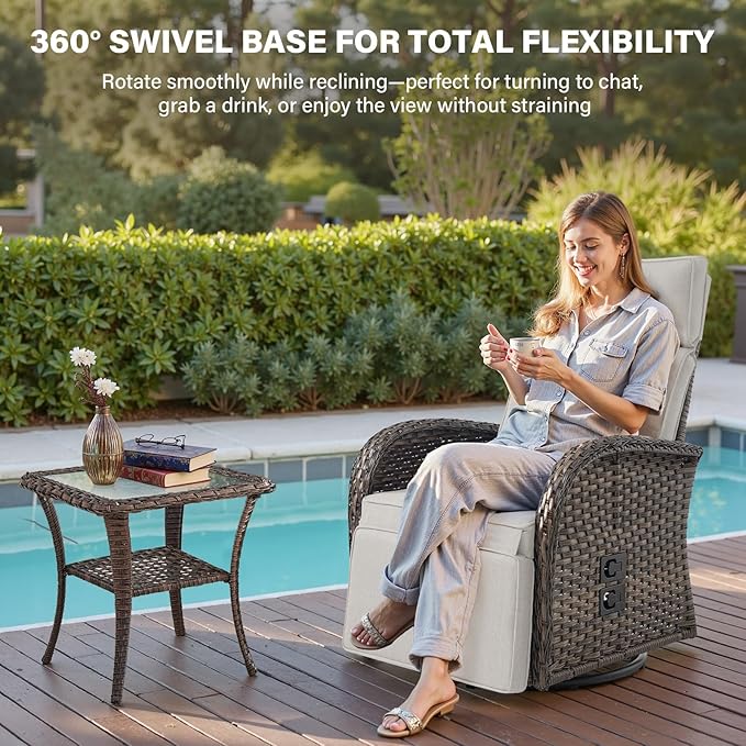 Belord 7 Piece Patio Furniture Set with 4 Swivel Recliner Chairs and 3 Side Tables, Dual-Adjust Wicker Chaise Lounge Chairs for Outdoor Patio Conversation, All-Weather Brown Rattan Belord