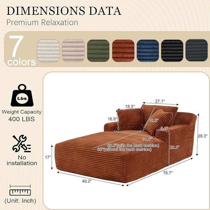 80 Inch Chaise Lounge Chair Indoor, Oversized Corduroy Upholstered Boneless Sofa Bed, Deep Seat Sleeper Couch Reading Chairs, Cloud Sofas Couches for Living Room, No Assembly Required (Brown) HANXIN