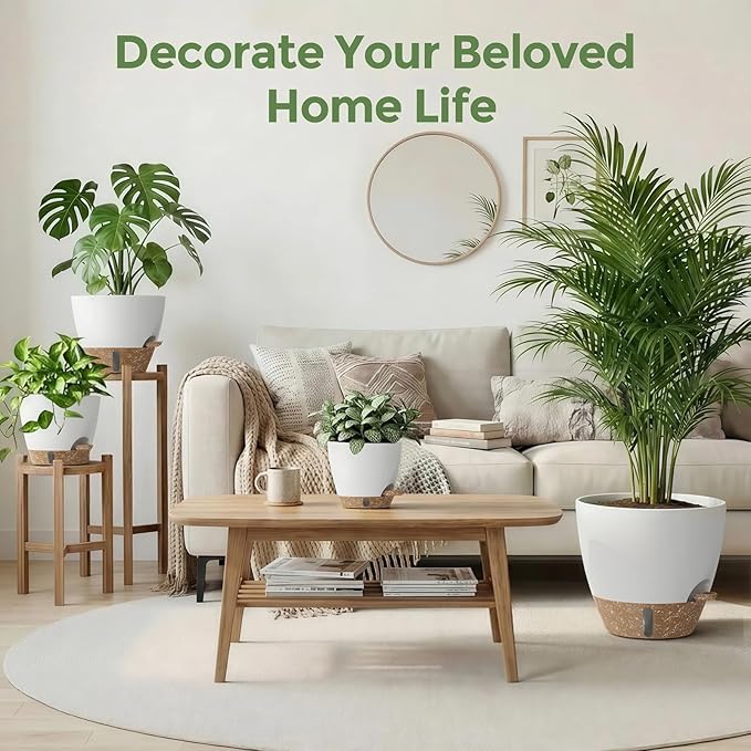 Plant Pots, 12" 10" 6" 8" Inch Self Watering Pots with Water Level Indicator, Set of 5 Flower Pots Indoor with Drainage Holes, Modern Planters for Indoor Outdoor Plants, Room & Office Décor Rootora