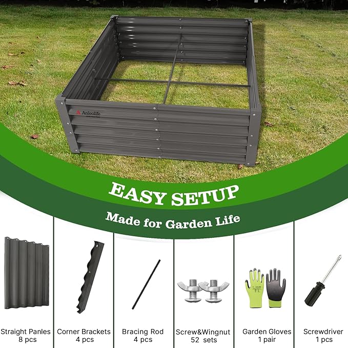 A ANLEOLIFE 4X4X1.5 ft Galvanized Raised Garden Beds Outdoor, Square Metal Planter Box for Planting Vegetables Flowers Herb, Anti-Rust & Easy-Setup, Quartz Grey AAnleolife