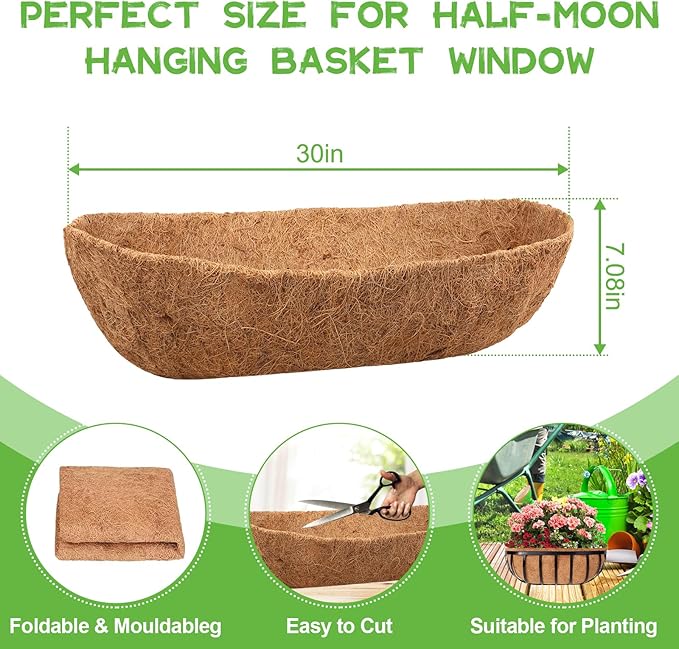 Riare 4 Pack 30 Inch Trough Coco Coir Liners for Planters, Pre-Formed Coconut Coir Replacement Liner Natural Coco Fiber Window Box Liners for Wall Planter, Window Basket Deck Railing Planter Riare