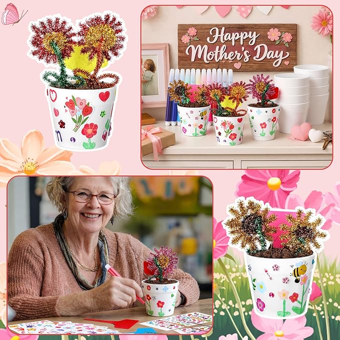 Funnymoom 48 Set Paintable Flower Pot Craft Kit DIY Spring Pots Craft for Mom with Watercolor, Pen Stickers, Plant Labels Garden Growing Kits for Spring Mother's Day Fun Activity Funnymoom