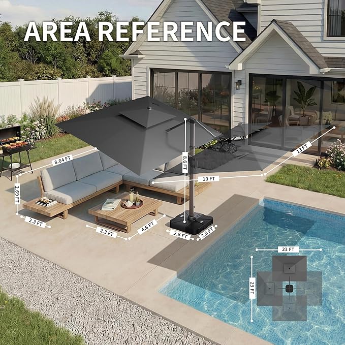 10 X 13 FT Cantilever Patio Umbrella with LED Lights Outdoor Heavy Duty Double Top Windproof Rectangle Offset Umbrellas with 360-degree Rotation for Pool Deck Backyard, Grey Ombrellon