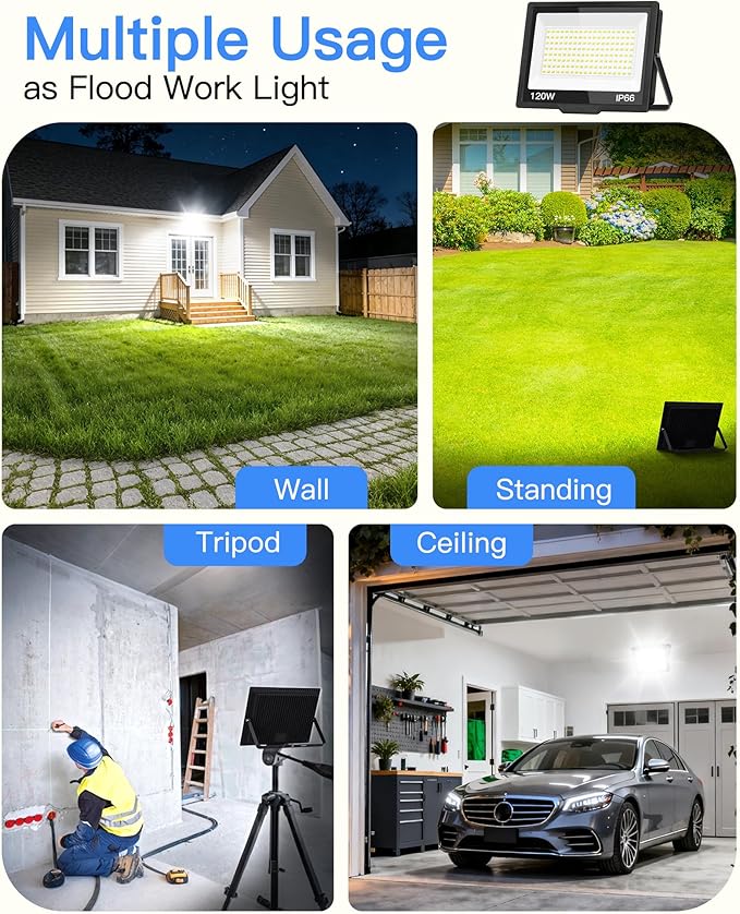 120W LED Flood Light Outdoor with Plug, 14400Lm Super Brighter Security Lights with 5ft Wire, IP66 Waterproof LED Work Light, 5000K Daylight White Exterior Floodlights for Yard Garage Stadium(2 Pack) ISUERFY-BornforGlowParty
