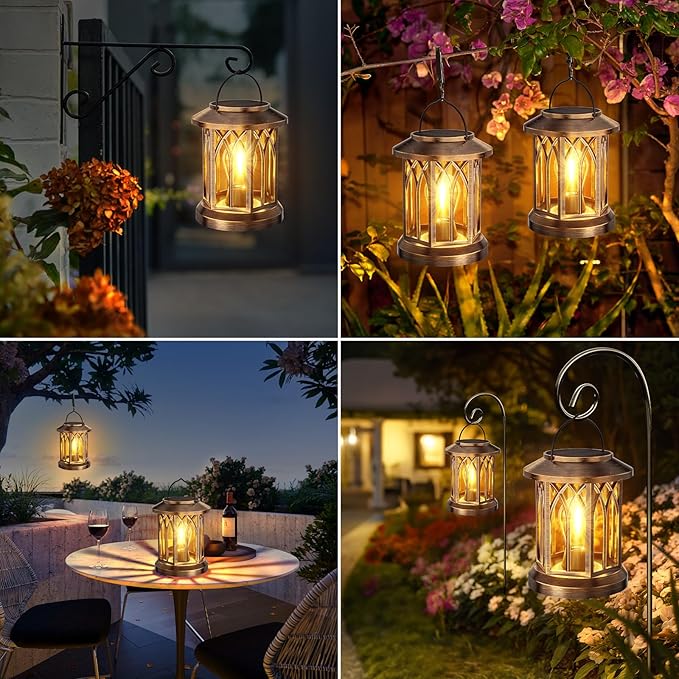 WdtPro Solar Lanterns Outdoor Lights, 4 Pack Bright Lanterns Outdoor Waterproof with Clip Patio Decor, Hanging Solar Lights for Outside Garden Yard Front Porch Table Decoration (Antique Copper) WdtPro