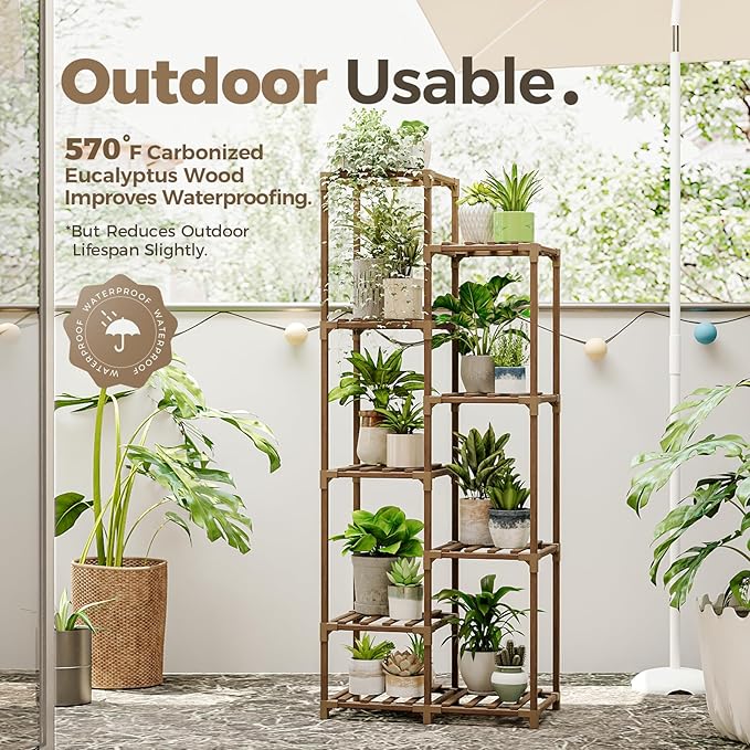 Bamworld Plant Stand Indoor Tall Plant Shelf Outdoor Corner Plants Table Wood Flower Stand for Living Room Balcony and Garden (9 pots) Bamworld