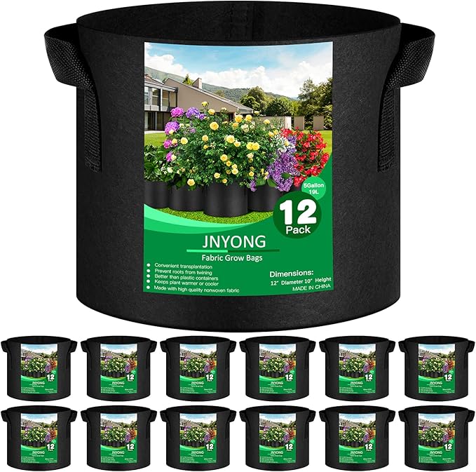12-Pack 5 Gallon Thickened Non-Woven Grow Bags, Aeration Fabric Pots with Handles JNYONG