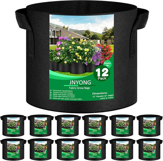 12-Pack 5 Gallon Thickened Non-Woven Grow Bags, Aeration Fabric Pots with Handles JNYONG