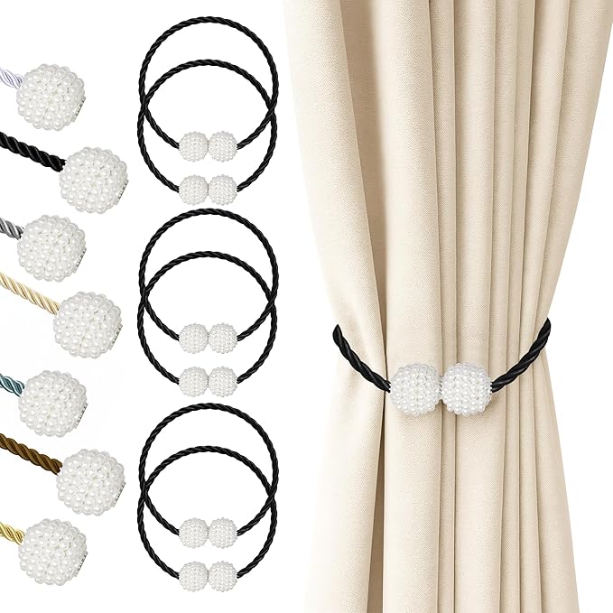 Hion Magnetic Curtain Tiebacks Black 6 Pack, Curtain Tiebacks Buckles Holdbacks Holders Hooks Clip for Home Bedroom Office Decorative Thick or Thin Curtain Hion