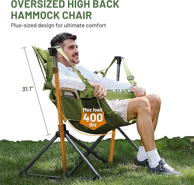 TIMBER RIDGE Hammock Camping Chair, Oversized Swinging Hammock Chair with Adjustable Back and Seat for Outdoor Lawn, Sports, Supports 400lbs, Green TIMBERRIDGE