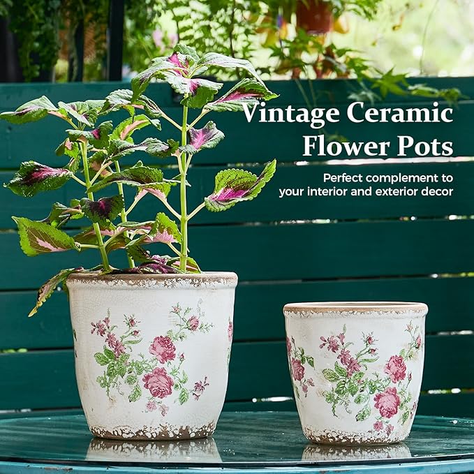 Vintage Ceramic Planter with Drainage Hole, Plastic Tray & Mesh, 5.5 Inch - Indoor/Outdoor Flower Pot, Pink Floral Rustic Farmhouse Design Plant pot for Home, Office & Garden Décor, Ideal Gift TEWEIQI