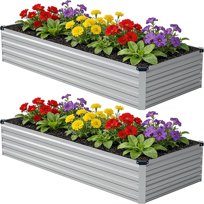 8x2x1 ft(2 Pack) Galvanized Raised Garden Bed,Outdoor Planter Box Metal Patio Kit Planting Bed for Vegetables Flowers and Succulents,Silver Zunatu
