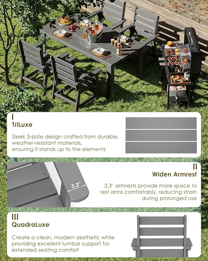 GREENVINES 7-Piece Outdoor Dining Set | HDPE | Patio Table and Chairs Sets for 6 | Patio Furniture | All Weather | Umbrella Hole | Grey | for Backyard Poolside Garden GreenVines
