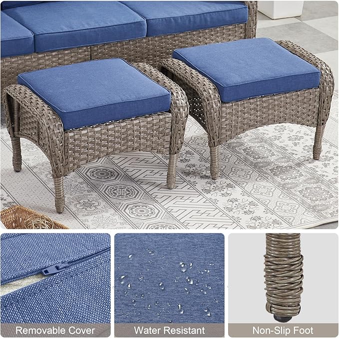 Belord Outdoor Ottomans for Patio Foot Rest - 25 Inch PE Wicker Foot Stool Set of 2 with Removable Cushions for Patio Furniture Sets,All Weather Rattan Ottoman for Balcony Deck Backyard Brown Belord