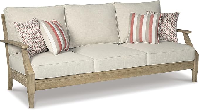 Signature Design by Ashley Clare View Outdoor Patio Sofa, 4 Throw Pillows, Nuvella Weather Resistant Fabric, Eucalyptus Wood, 81" W x 35" D x 32" H, Beige SignatureDesignbyAshley