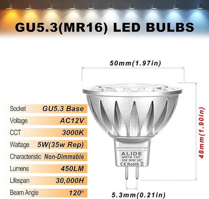 MR16 GU5.3 Led Landscape Bulbs 3000K Warm White 5W, MR16 20W 35W Halogen Replacement,12V Low Voltage Bulb Spotlights for Outdoor Landscape Flood Indoor Track Lighting,Not Dimmable,450lm,38 Deg,6 Pack ALIDE