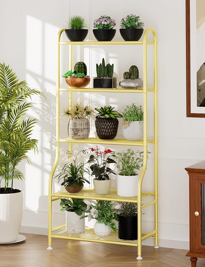 5-Tier Metal Plant Stand Indoor Outdoor, Waterproof Flower Stand for Multiple Pots, Heavy Duty Plant Stands for Living Room Patio Garden Decor, Tall Plant Shelf with Leveling Feet, Gold Yutrchey