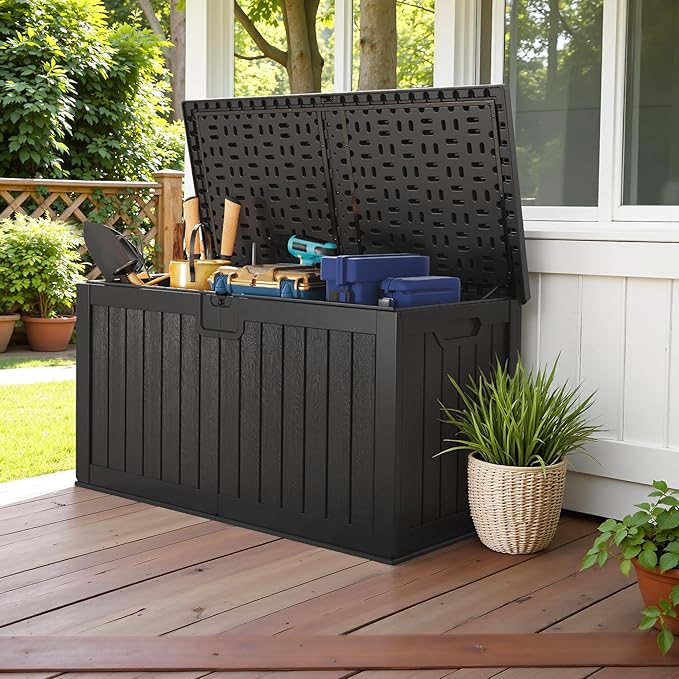 Devoko 240 Gallon Double-Wall Deck Box with Divider, Side Handles, Resin Outdoor Large Storage Box Waterproof and Lockable for Patio Furniture, Garden, Pool (Black) DEVOKO