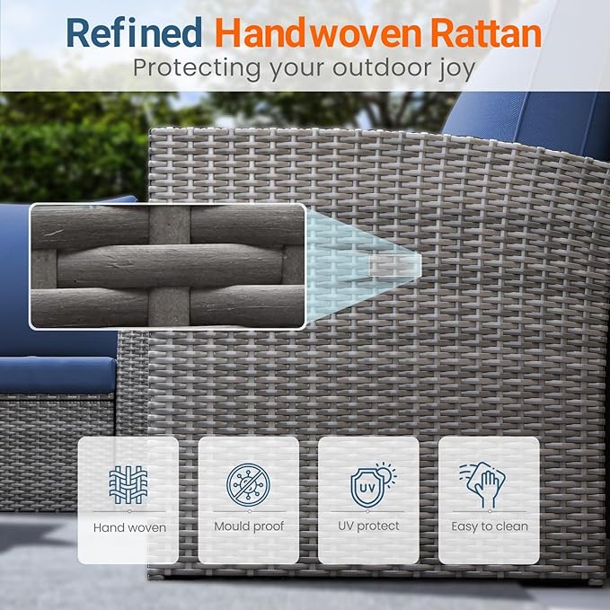 Wisteria Lane 4 Piece Patio Furniture Set, Wicker Outdoor Patio Conversation Furniture Set, All Weather Outdoor Patio Sofa with Cushion and Glass Table, Blue WisteriaLane