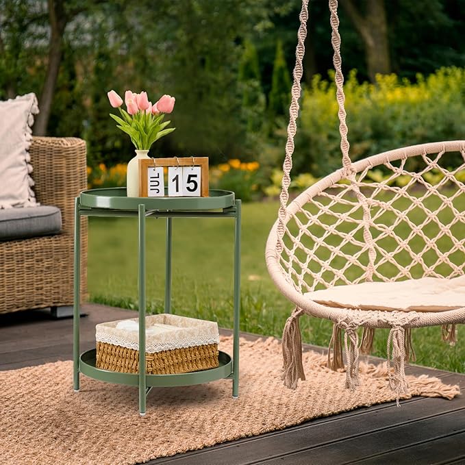 danpinera 2 Tier Metal Side Table with Removable Tray, End Table Outdoor Small Accent Table, Anti-Rust Green Nightstand for Bedroom Balcony Patio (Dark Green) danpinera