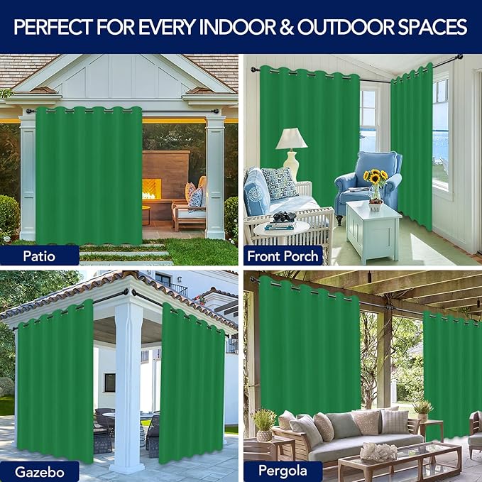 PureFit Outdoor Curtains for Patio Waterproof Weatherproof, UV Resistant Outside Curtains for Gazebo, Front Porch, Pergola, Sun Blocking Privacy Curtain, 100W x 95L inch, 1 Panel, Green PureFit