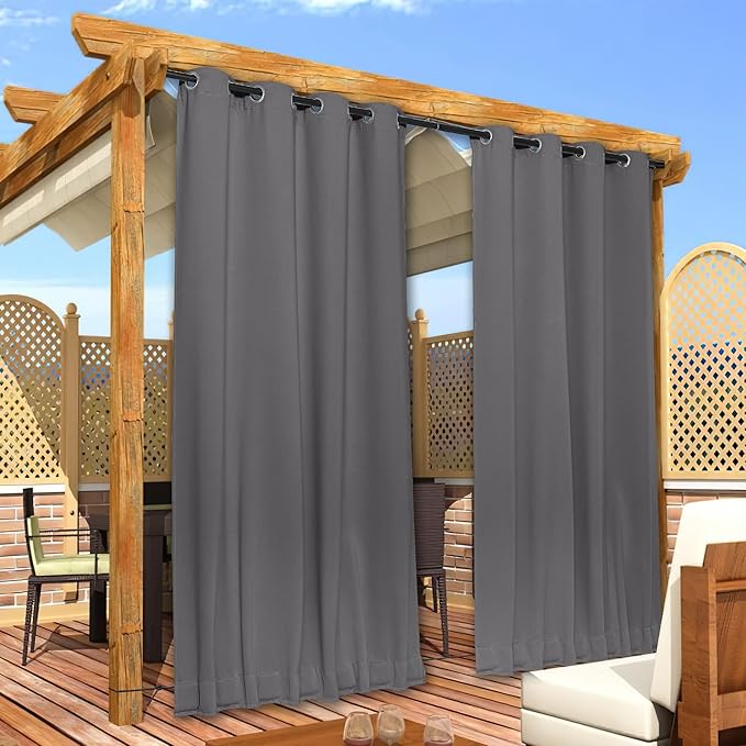 NICETOWN 2 Panels Outdoor Curtains for Patio Waterproof & Windproof, Grommet & Back Tab on Top & Bottom Weighted Drapes Cold & Heat Blocking with Bouns Rope for Gazebo, Grey, W84 x L108 NICETOWN