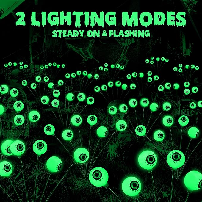 BrizLabs 4 Pack 24 LED Halloween Solar Lights, 2 Modes Outdoor Halloween Eyeball Pathway Lights, Solar Spooky Walkway Light Waterproof, Green Swaying Firefly Lighting for Path Yard Garden Lawn BrizLabs