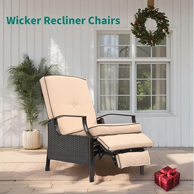 YITAHOME Outdoor Recliner Chair, 2-Piece Patio Adjustable Wicker Reclining Lounge Chairs, Dual-use Rattan Furniture Set with Soft Thick Cushions, Extended Footrest, Flip Back, Brown & Beige YITAHOME