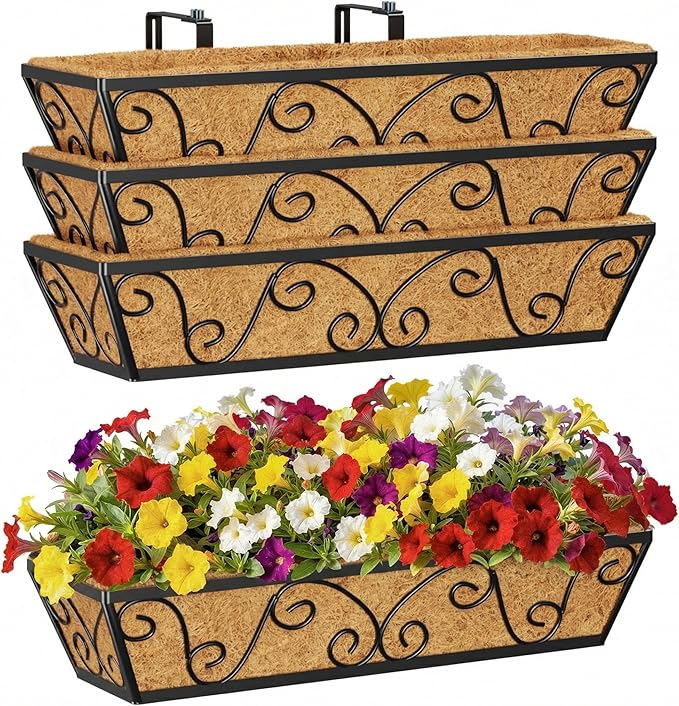 4pcs 24 Inch Window Deck with Coco Liner, 24" Window Boxes Horse Trough with Coconut Coir Liner, Metal Hanging Flower Planter Window Basket Deck Railing Planter Boxes for Outdoor Indoor Lawn LAWYAMAI